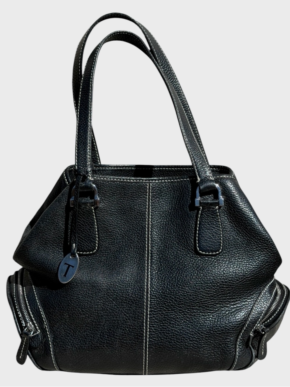 VTG TOD’S Pebble Grain Black Leather Tote Bag Contrast Stitching Made in Italy